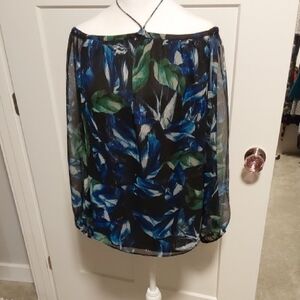 White House Black Market Black and Blue Leaf Off Shoulder Top